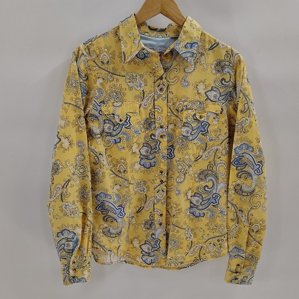 Roper Pearl Snap Blouse Size Medium Yellow Blue Paisley Print Long Sleeve Satin